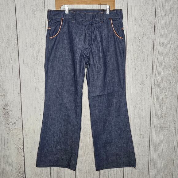 VTG 60s 70s Unbranded Blue Chambray & Orange Piping Wide Leg Pants, 34x30 - Picture 1 of 5